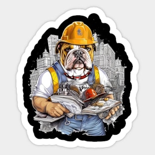 Accountant English Bulldog t-shirt design, a bulldog wearing a hard hat and holding a blueprint Sticker